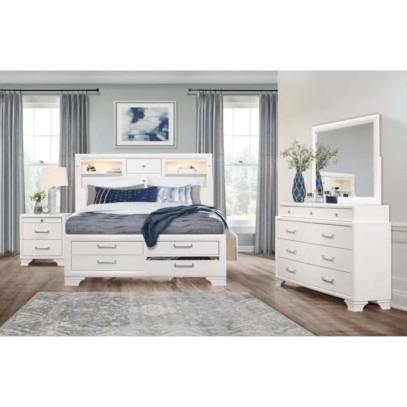 White Rubberwood Full Bed With Bookshelves Headboard Led Lightning 6 Drawers By Homeroots | Beds | Modishstore