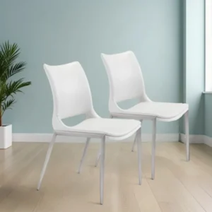 Set of Two White And Silver Upholstered Faux Leather Dining Side Chairs By Homeroots | Dining Chairs | Modishstore - 1