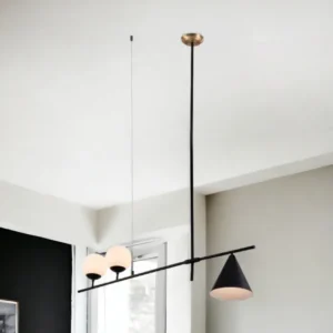 Black Kitchen Island Three Light Metal Chandelier With Black and White Shades By Homeroots | Chandeliers | Modishstore - 1