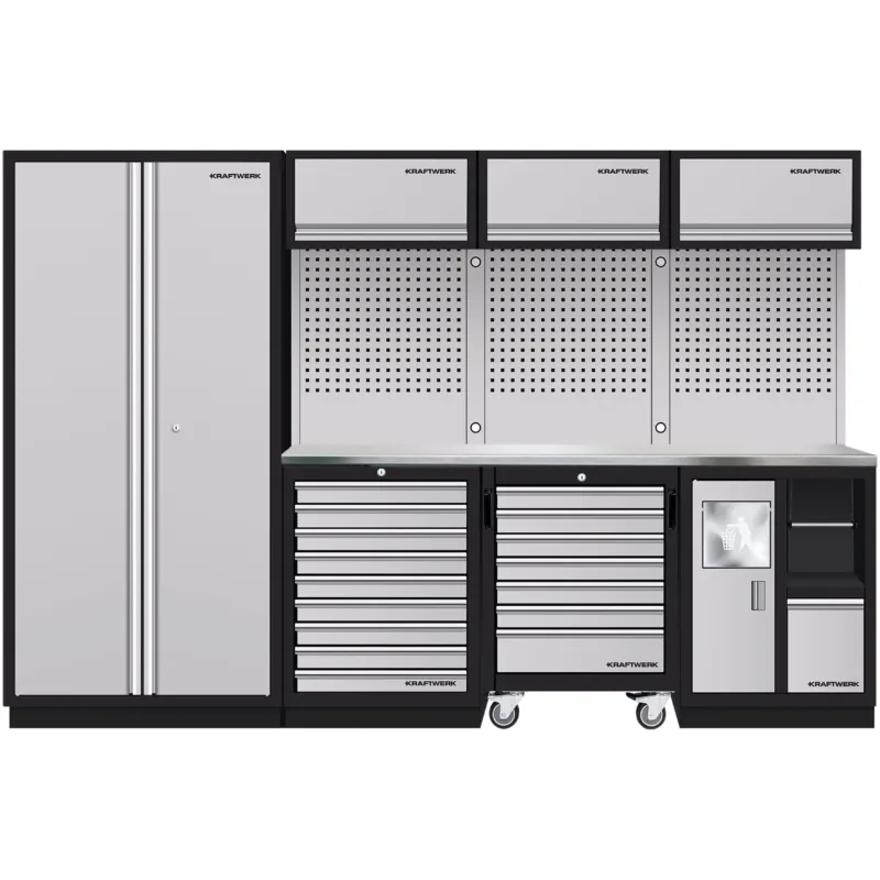 KRAFTWERK 3964DIX MOBILIO 4-Element-Werkstatt-Schranksystem – Inox-Arbeitsplatte, Lochwand & Rollschrank, 2955 mm - KW-3964DIX