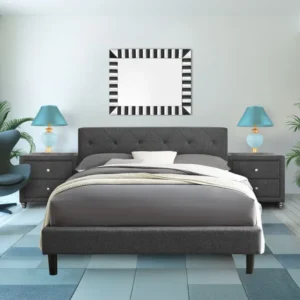 Grey Queen Platform Bed With Two Nightstands By Homeroots | Beds | Modishstore