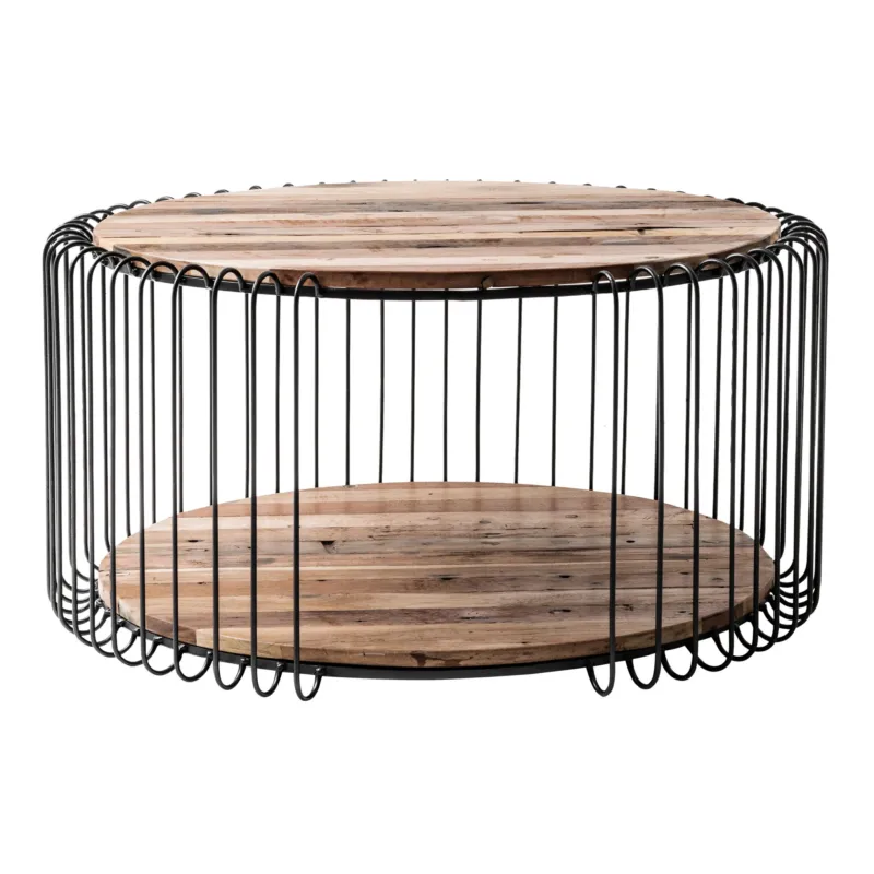 32" Black and Natural Reclaimed Wood and Iron Round Coffee Table By Homeroots | Coffee Tables | Modishstore