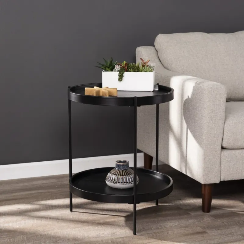 24" Black Manufactured Wood And Iron Round End Table With Shelf By Homeroots | End Tables | Modishstore