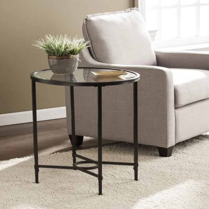 25" Black Glass And Iron Oval End Table By Homeroots | End Tables | Modishstore