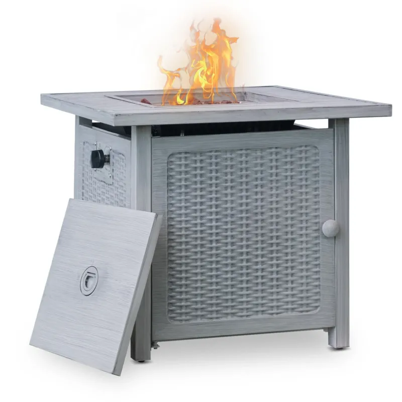 28" Ashy Gray Rattan Design Square Propane Fire Pit with Lava Rocks and Cover By Homeroots | FIRE PITS | Modishstore