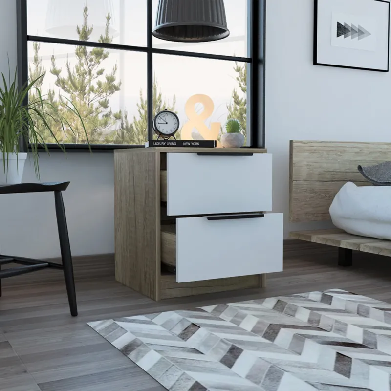 Mod Light Oak And White Two Drawer Nightstand By Homeroots | Nightstands | Modishstore