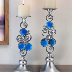 Set Of Two Silver and Blue Bling Tabletop Pillar Candle Holders By Homeroots | Candle Holders | Modishstore - 1