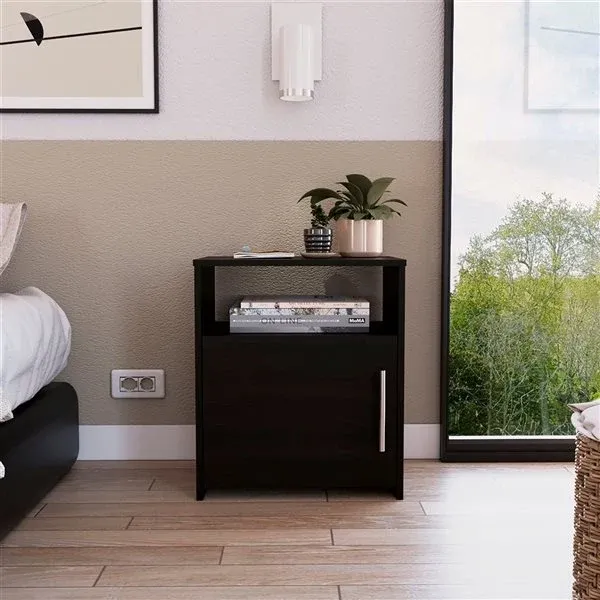Black Wengue Nightstand with One Door Panel Cabinet By Homeroots | Nightstands | Modishstore