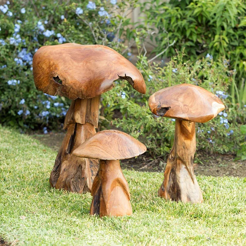 Habini Teak Wild Mushrooms Set of 2 By Garden Age Supply | Sculptures | Modishstore - 1