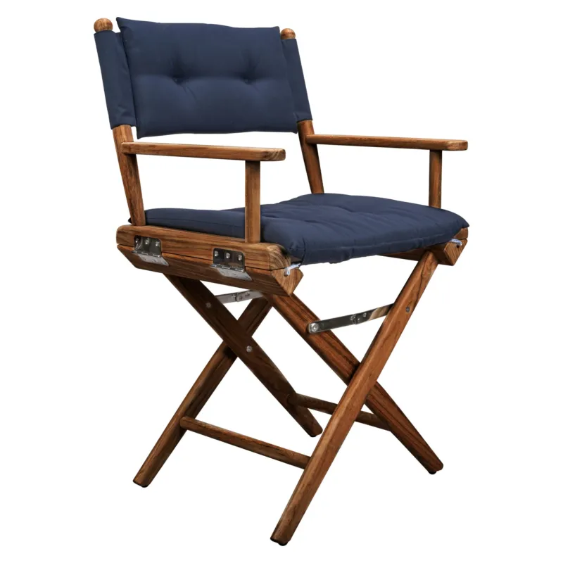 Navy Blue and Brown Solid Wood Indoor Outdoor Director Chair with Navy Blue Cushion By Homeroots | Outdoor Chairs | Modishstore - 1