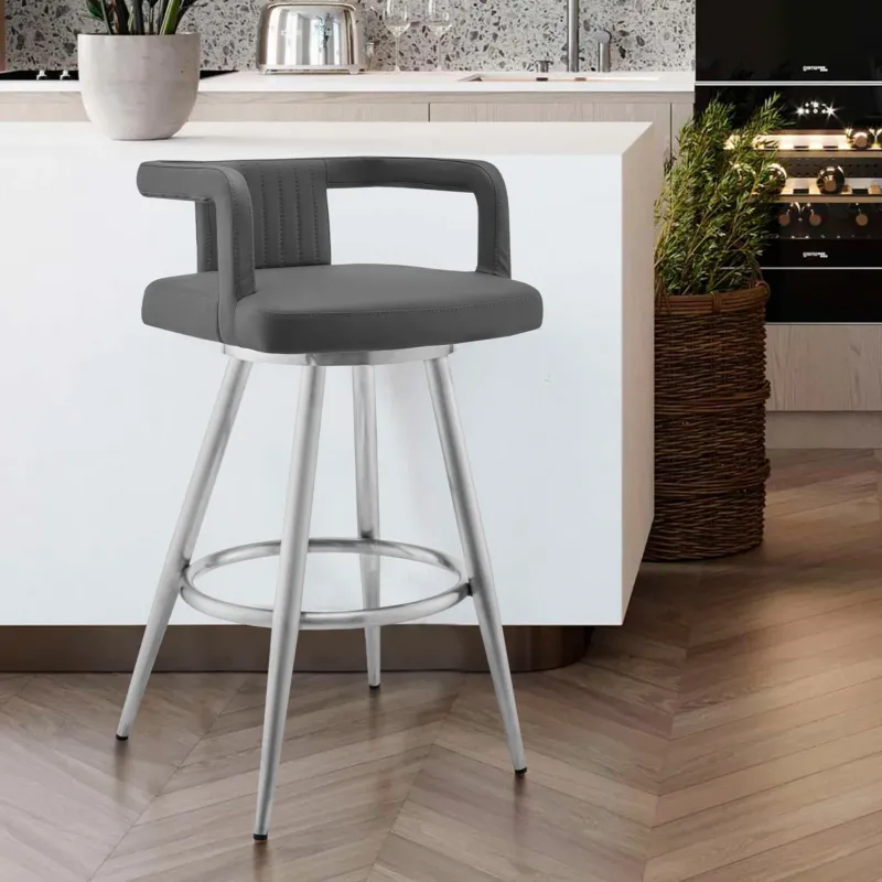 33" Gray Faux Leather And Iron Swivel Low Back Counter Height Bar Chair By Homeroots | Bar Stools | Modishstore