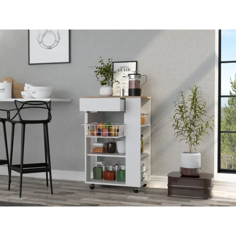 Sleek White and Light Oak Portable Kitchen Cart By Homeroots | Kitchen Carts | Modishstore