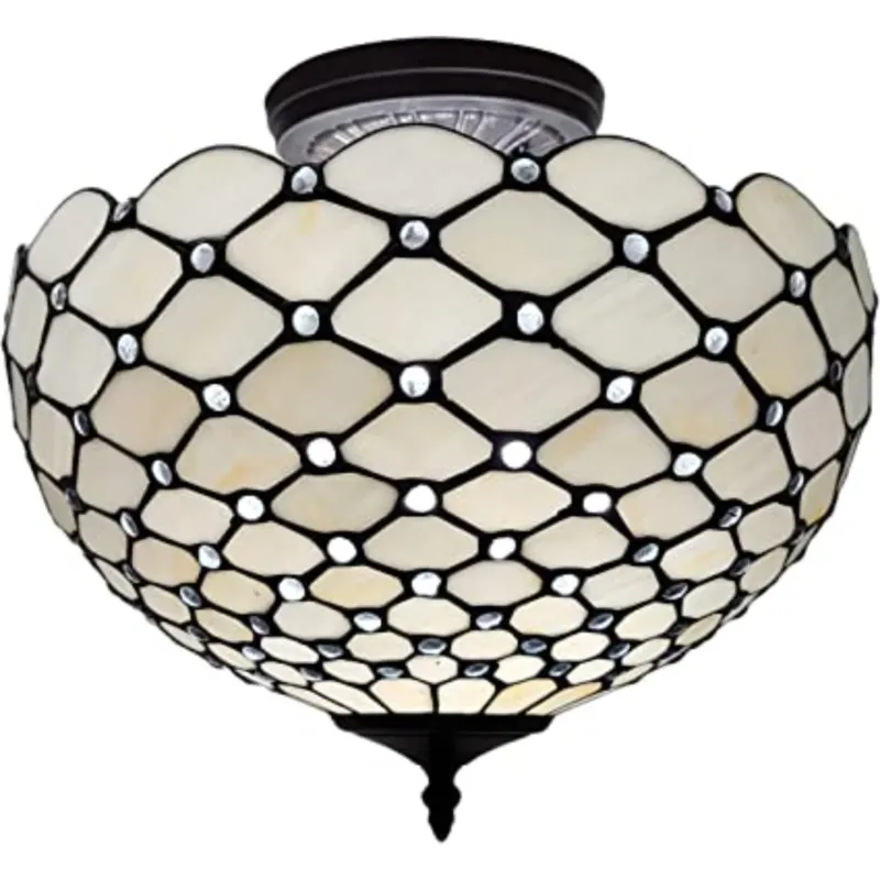 Black and White Tiffany Style Two Light Semi Flush Ceiling Lamp By Homeroots | Chandeliers | Modishstore - 1