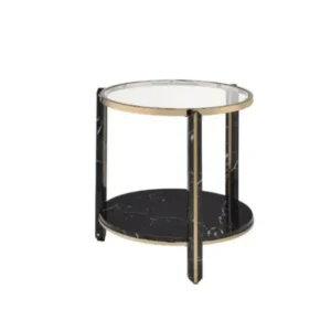 24" Champagne And Clear Glass And Metal Round End Table With Shelf By Homeroots | End Tables | Modishstore