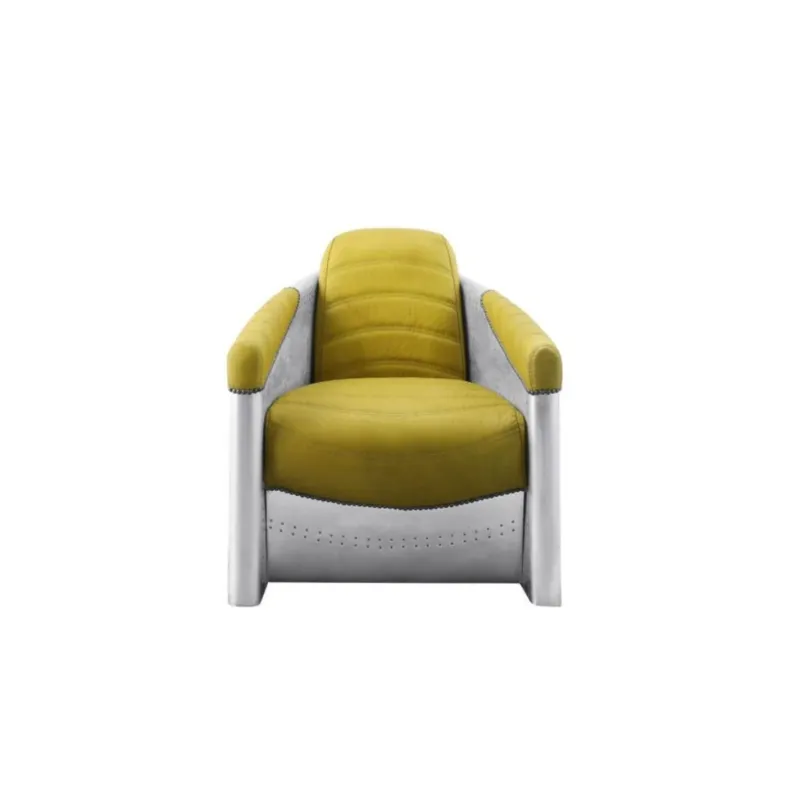 28" Yellow Top Grain Leather And Steel Barrel Chair By Homeroots | Armchairs | Modishstore