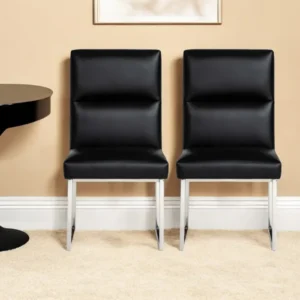 Set of Two Tufted Black And Silver Upholstered Faux Leather Dining Side Chairs By Homeroots | Dining Chairs | Modishstore - 1