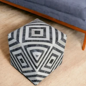 Dark Gray and Ivory Hair on Hide Cube Geometric Pouf Ottoman By Homeroots | Ottomans | Modishstore - 1