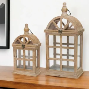 Set of Two Natural Wood and Glass Geometric Floor Lantern Candle Holders By Homeroots | Candle Holders | Modishstore - 1