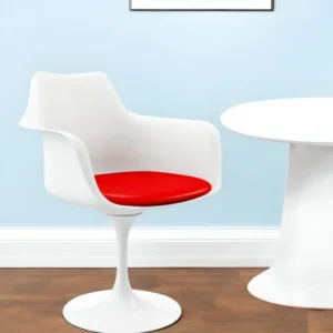 White Heavy Duty Plastic Swivel Dining Arm Chair With Red Faux Leather Cushion By Homeroots | Dining Chairs | Modishstore - 1