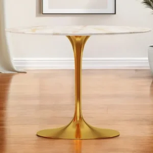 White And Gold Rounded Stone And Metal Pedestal Base Dining Table By Homeroots | Dining Tables | Modishstore - 1