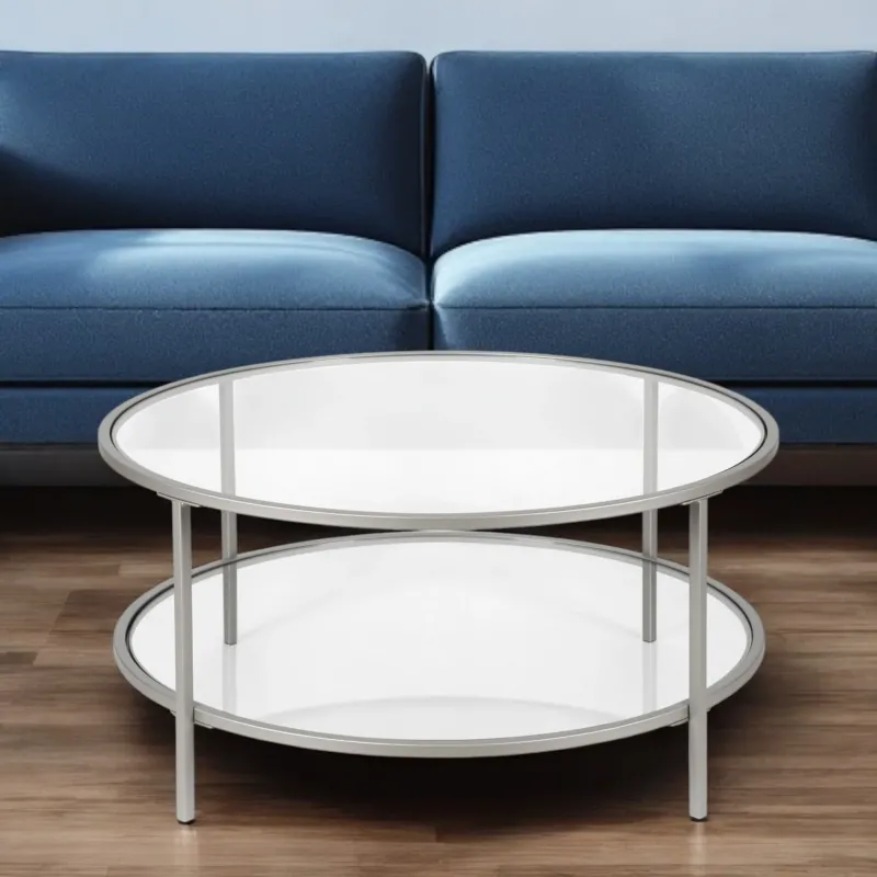Silver Glass And Steel Round Coffee Table With Shelf By Homeroots | Coffee Tables | Modishstore - 1