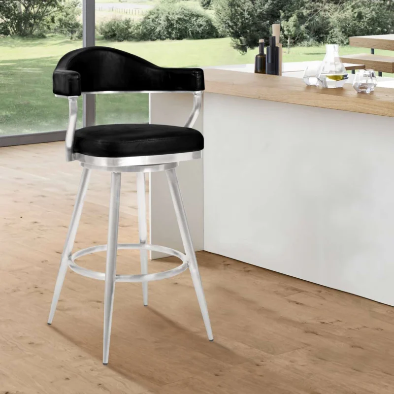 Amador 26" Counter Height Barstool in Brushed Stainless Steel and Vintage Black Faux Leather By Armen Living | Bar Stools | Modishstore