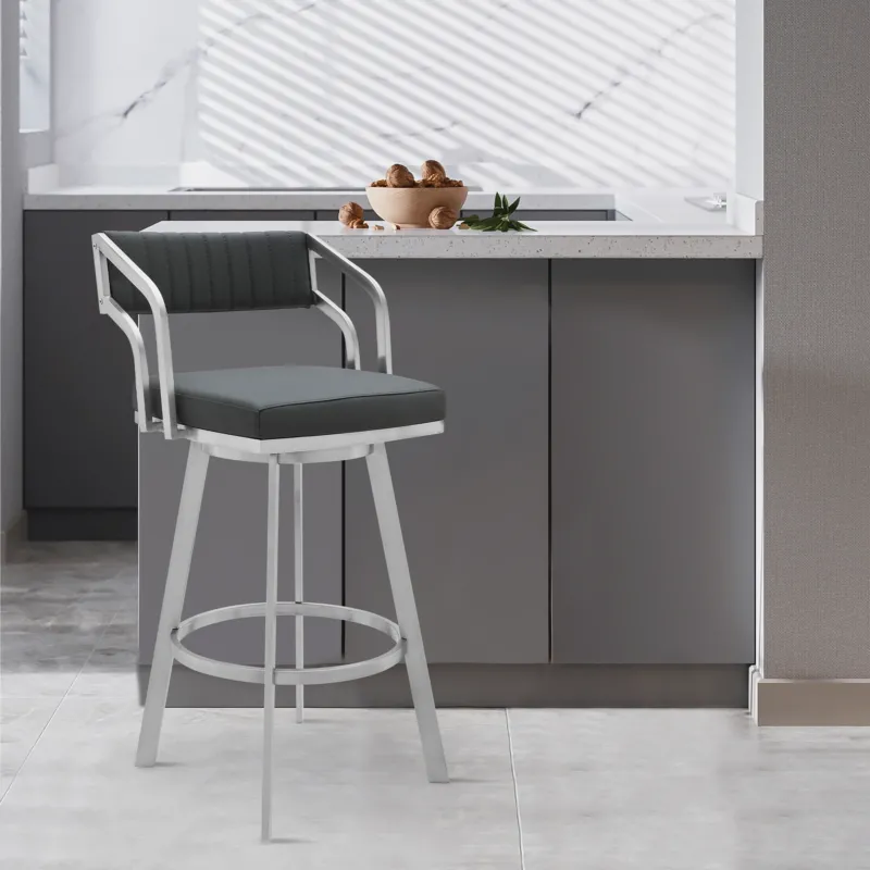 Capri 30" Swivel Modern Metal and Slate Gray Faux Leather Bar and Counter Stool By Armen Living | Counter Stools | Modishstore
