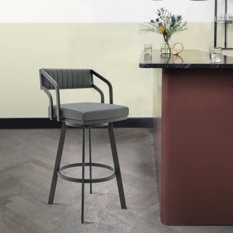 Scranton 30" Swivel Modern Black Metal and Slate Grey Faux Leather Barstool By Armen Living | Bar Stools | Modishstore