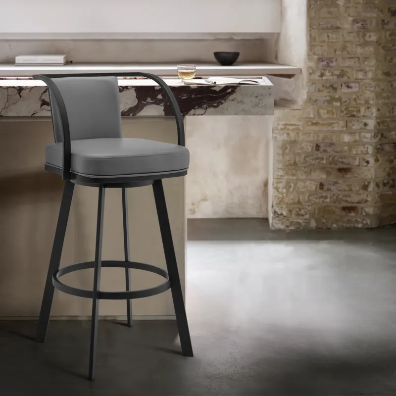 Livingston 30" Gray Faux Leather and Black Metal Swivel Bar Stool By Armen Living | Bar Stools | Modishstore
