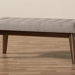 Baxton Studio Elia Mid-Century Modern Walnut Wood Light Beige Fabric Button-Tufted Bench | Modishstore | Stools & Benches