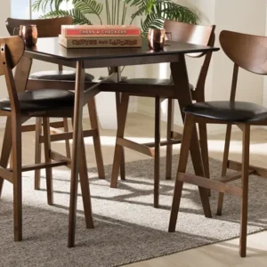 Baxton Studio Eline Mid-Century Modern Black Faux Leather Upholstered Walnut Finished 5-Piece Pub Set | Modishstore | Bar Furniture