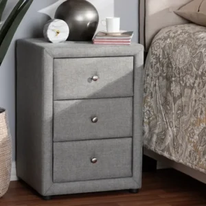Baxton Studio Tessa Modern and Contemporary Grey Fabric Upholstered 3-Drawer Nightstand | Modishstore | Nightstands