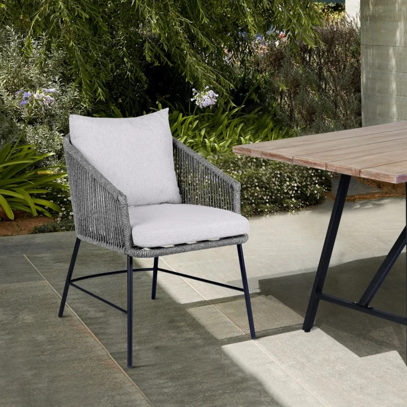 Calica Outdoor Patio Dining Chair in Black Metal and Grey Rope By Armen Living | Outdoor Chairs | Modishstore