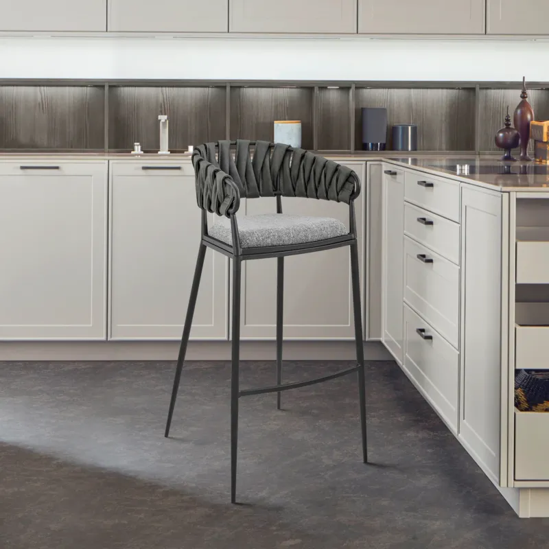 Vigona Counter Stool in Black Metal with Grey Fabric and Faux Leather By Armen Living | Counter Stools | Modishstore