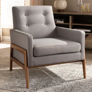 Baxton Studio Perris Mid-Century Modern Grey Fabric Upholstered Walnut Wood Lounge Chair | Modishstore | Lounge Chairs