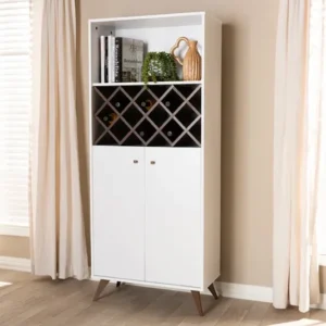 Baxton Studio Serafino Mid-Century Modern White and Walnut Finished Wood Wine Cabinet | Modishstore | Cabinets