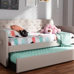Baxton Studio Camelia Modern and Contemporary Beige Fabric Upholstered Button-Tufted Twin Size Sofa Daybed with Roll-Out Trundle Guest Bed | Modishstore | Beds