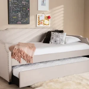 Baxton Studio Ally Modern and Contemporary Beige Fabric Upholstered Twin Size Sofa Daybed with Roll Out Trundle Guest Bed | Modishstore | Beds
