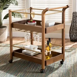 Baxton Studio Tahir Modern and Contemporary Walnut Brown Finished Wood and Antique Gold Finished Metal 2-Tier Mobile Bar Cart | Modishstore | Bar Carts