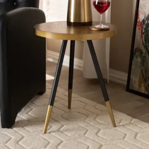 Baxton Studio Lauro Modern and Contemporary Round Walnut Wood and Metal End Table with Two-Tone Black and Gold Legs | Modishstore | End Tables
