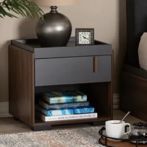 Baxton Studio Rikke Modern and Contemporary Two-Tone Gray and Walnut Finished Wood 1-Drawer Nightstand | Modishstore | Nightstands