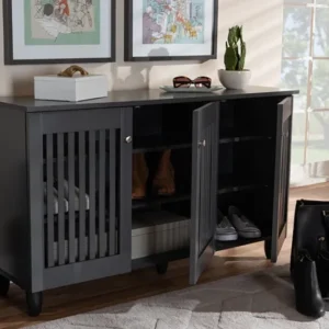 Baxton Studio Fernanda Modern and Contemporary Dark Gray 3-Door Wooden Entryway Shoe Storage Wide Cabinet | Modishstore | Cabinets