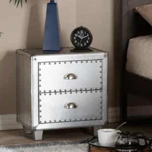 Baxton Studio Davet French Industrial Silver Metal 2-Drawer Nightstand | Modishstore | Nightstands