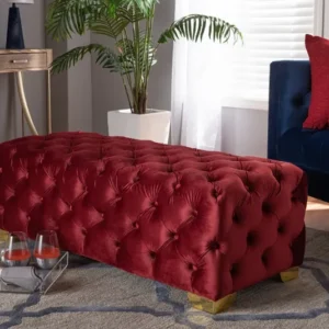 Baxton Studio Avara Glam and Luxe Burgundy Velvet Fabric Upholstered Gold Finished Button Tufted Bench Ottoman | Modishstore | Ottomans