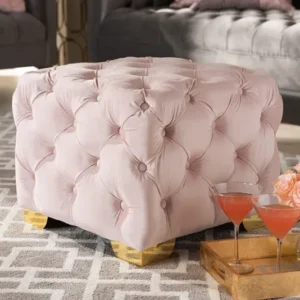 Baxton Studio Avara Glam and Luxe Light Pink Velvet Fabric Upholstered Gold Finished Button Tufted Ottoman | Modishstore | Ottomans