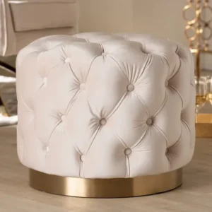 Baxton Studio Valeria Glam Light Beige Velvet Fabric Upholstered Gold-Finished Button Tufted Ottoman | Modishstore | Ottomans