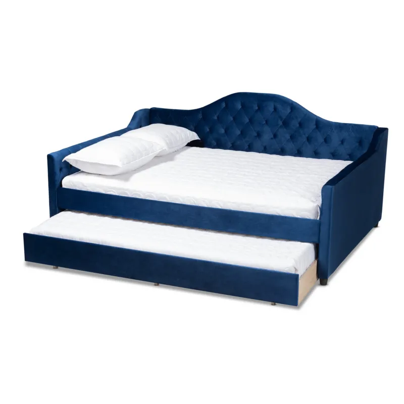 Baxton Studio Perry Modern and Contemporary Royal Blue Velvet Fabric Upholstered and Button Tufted Queen Size Daybed with Trundle | Daybeds | Modishstore