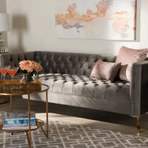 Baxton Studio Zanetta Glam and Luxe Gray Velvet Upholstered Gold Finished Sofa | Modishstore | Sofas