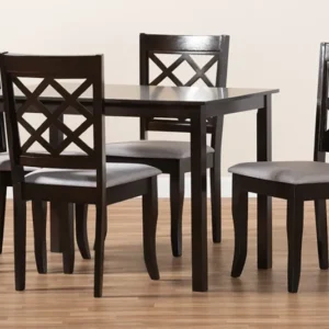 Baxton Studio Verner Modern and Contemporary Grey Fabric Upholstered Espresso Brown Finished 5-Piece Wood Dining Set | Modishstore | Dining Sets