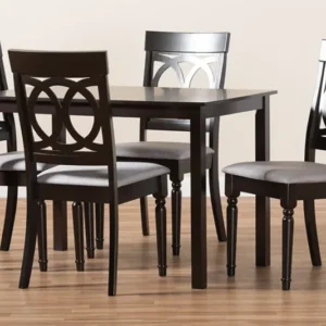 Baxton Studio Lucie Modern and Contemporary Grey Fabric Upholstered Espresso Brown Finished 5-Piece Wood Dining Set | Modishstore | Dining Sets